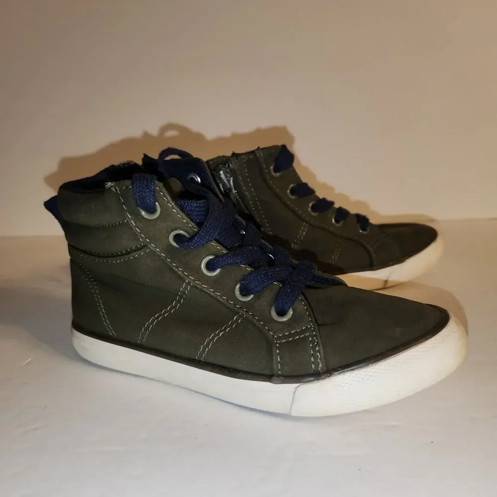 CAT & JACK High Top Sneaker Boys 10 Cayden Olive Green Navy Blue Faux Suede Zip